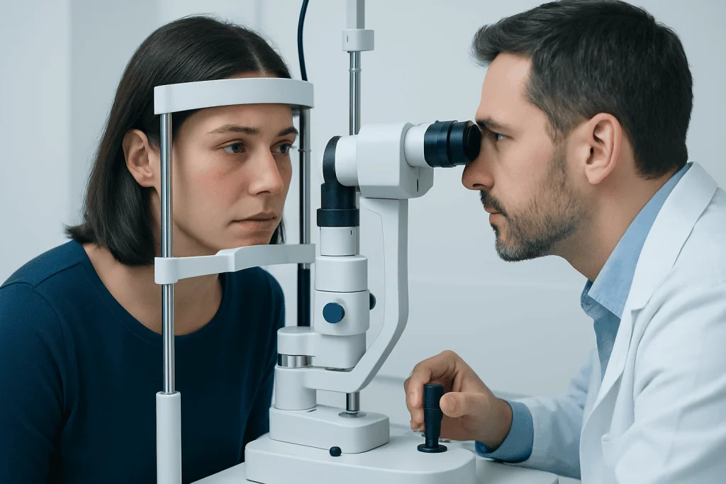 Optometrist examines patient's eyes with slit lamp in clinic.