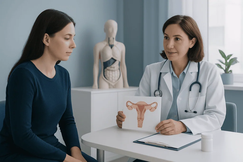 Gynecologist explaining endometriosis to patient with uterus model.