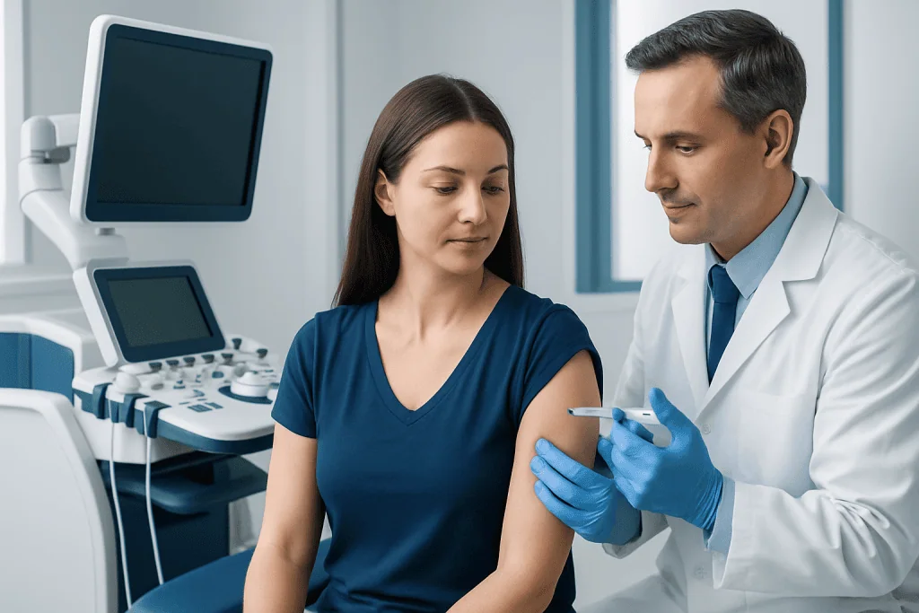 Doctor administering a vaccine to a woman in a medical clinic.