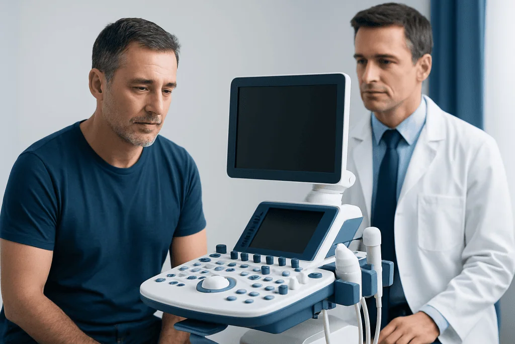 Doctor performing an ultrasound examination on a male patient.
