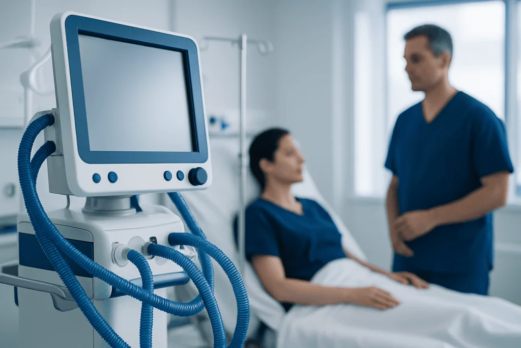 Medical ventilator machine in hospital room with patient and healthcare professional.