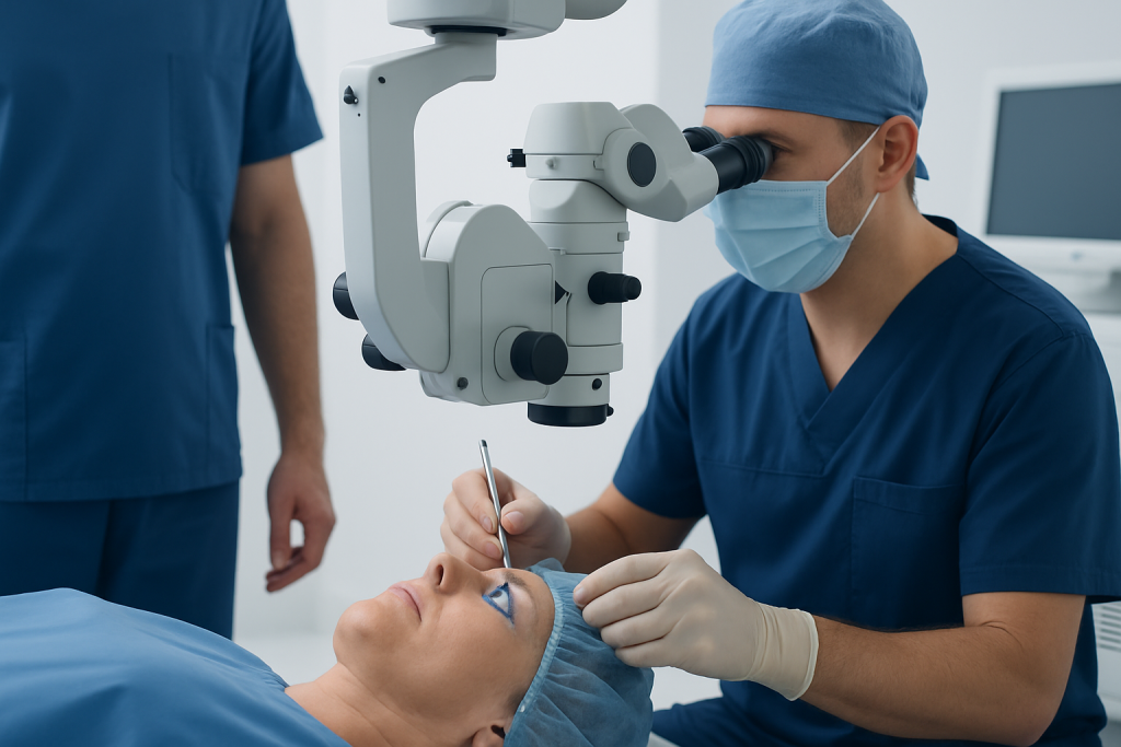 Surgeon performing eye surgery with a microscope during cataract procedure.