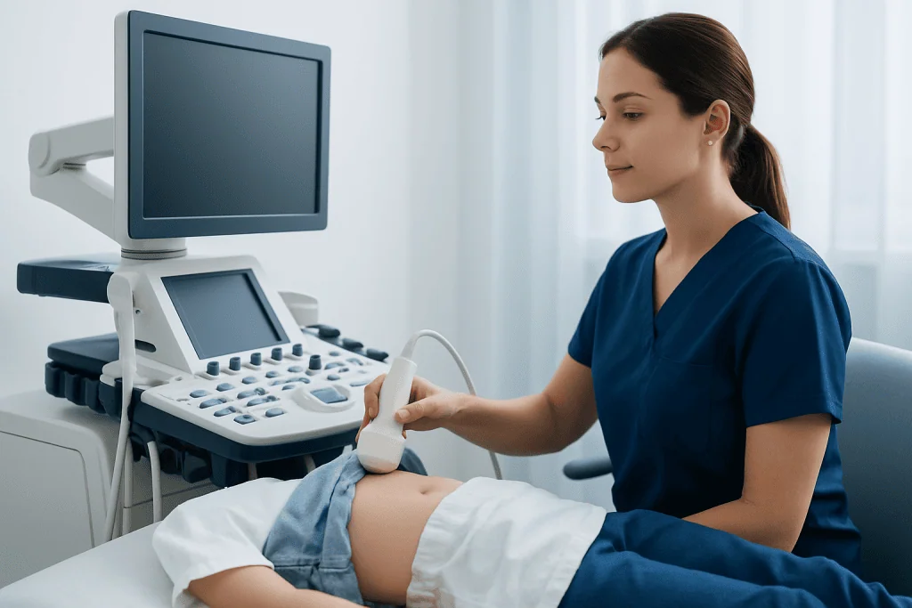 Medical professional performing an ultrasound on a patient in a clinical setting.