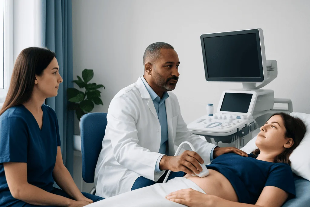 Doctor performing ultrasound examination on a patient in a hospital room.