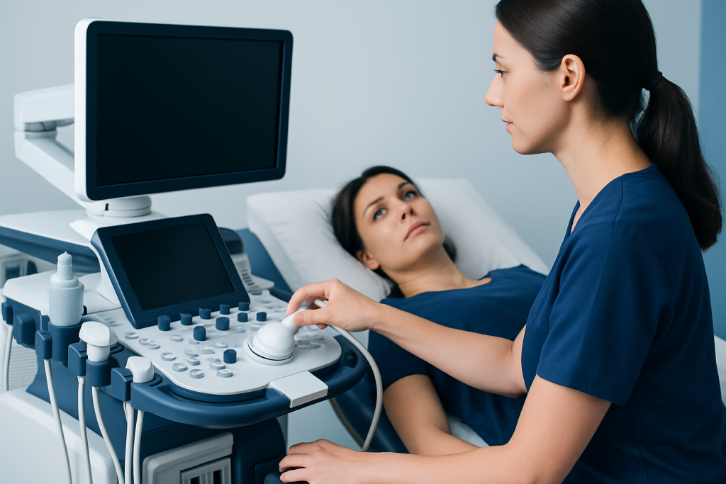 Medical professional performing an ultrasound on a patient in a hospital room.