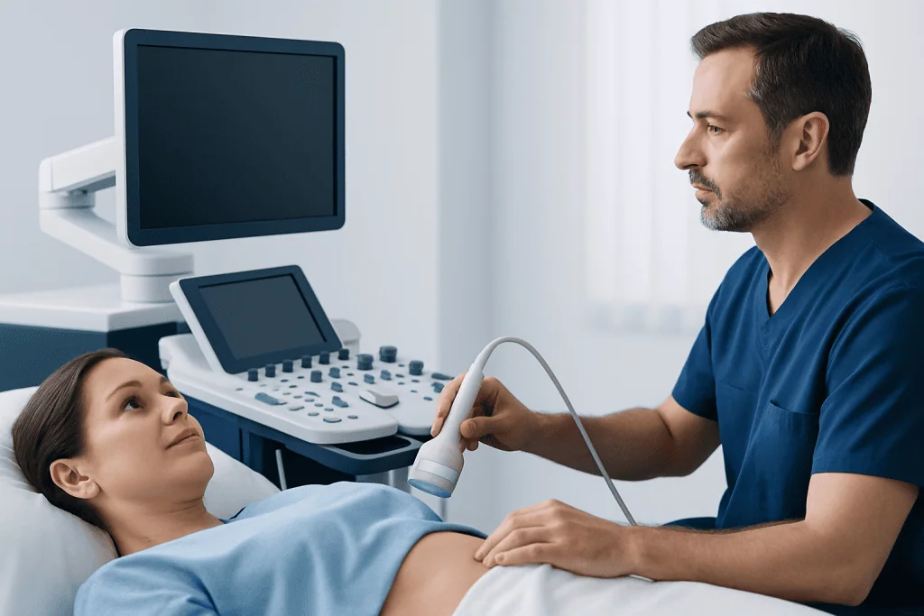 Doctor performing an ultrasound scan on a female patient in a hospital room.