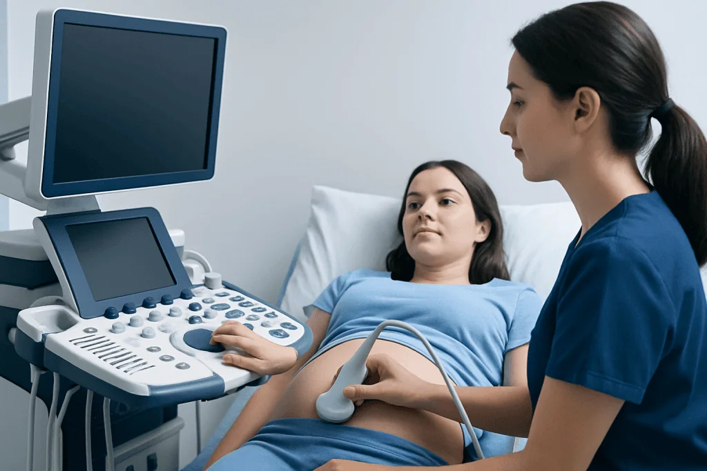 Medical professional performing an ultrasound on a young girl in a hospital room.