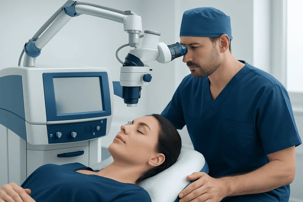 Ophthalmologist performing eye laser procedure in clinic setting.