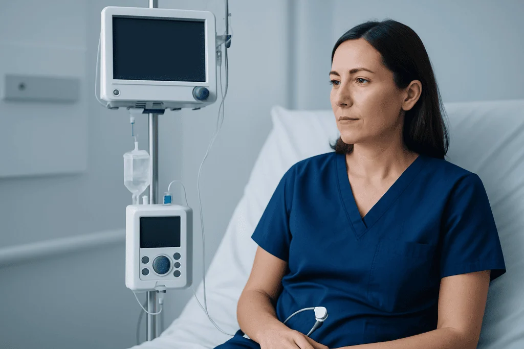 Female nurse in hospital bed with medical monitors and IV drip.