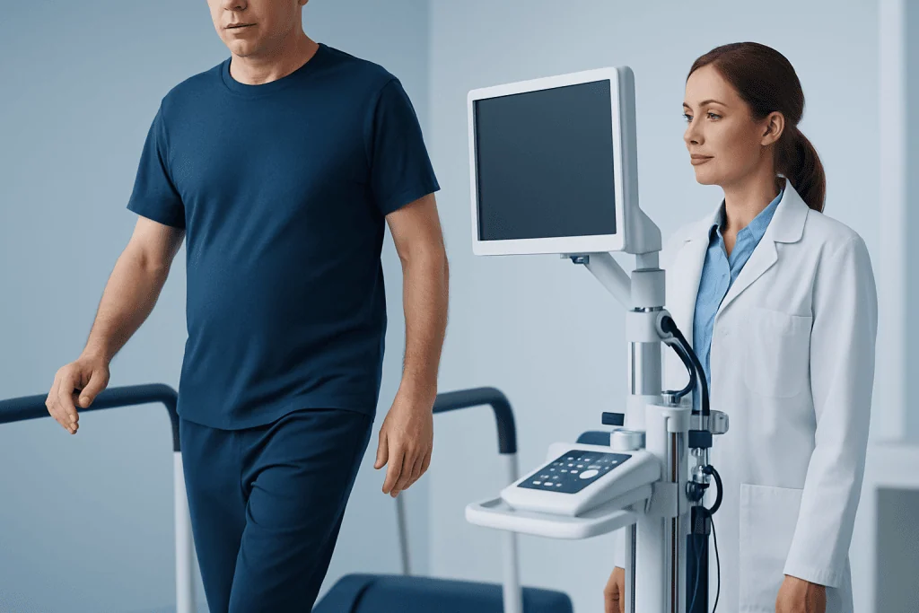 Patient walking with medical staff and monitoring equipment in hospital.
