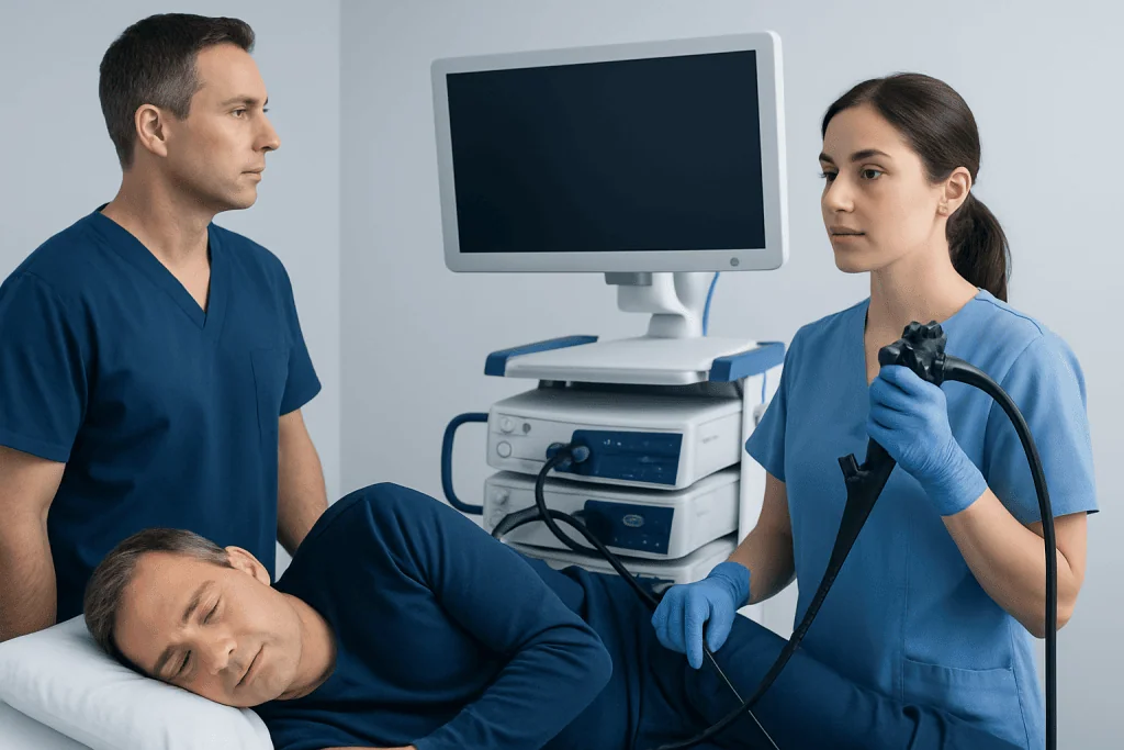 Endoscopy procedure being performed at Acibadem Hospital with medical staff.
