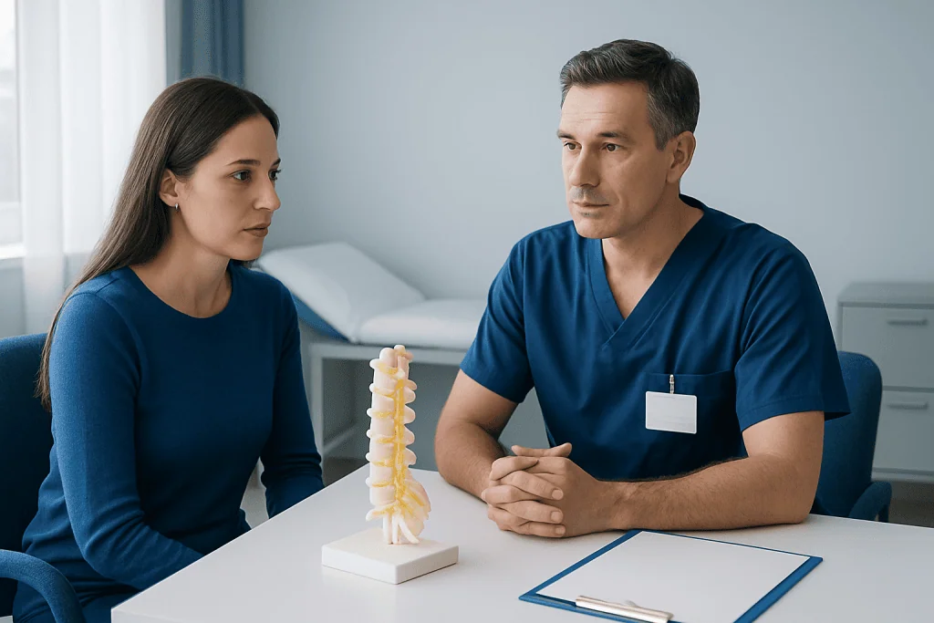 Doctor explaining spinal condition to patient with spine model.