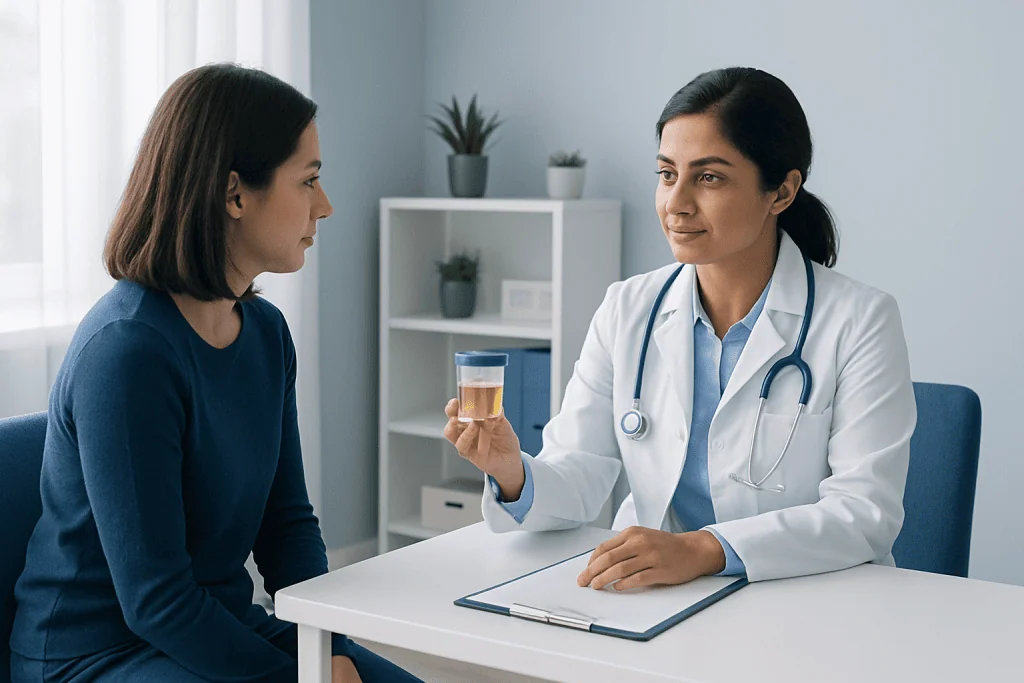 Doctor explaining urine test results to a patient in a clinic setting.