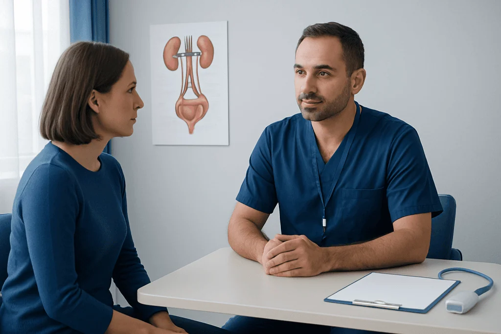 Urologist consulting with a female patient in a medical office.
