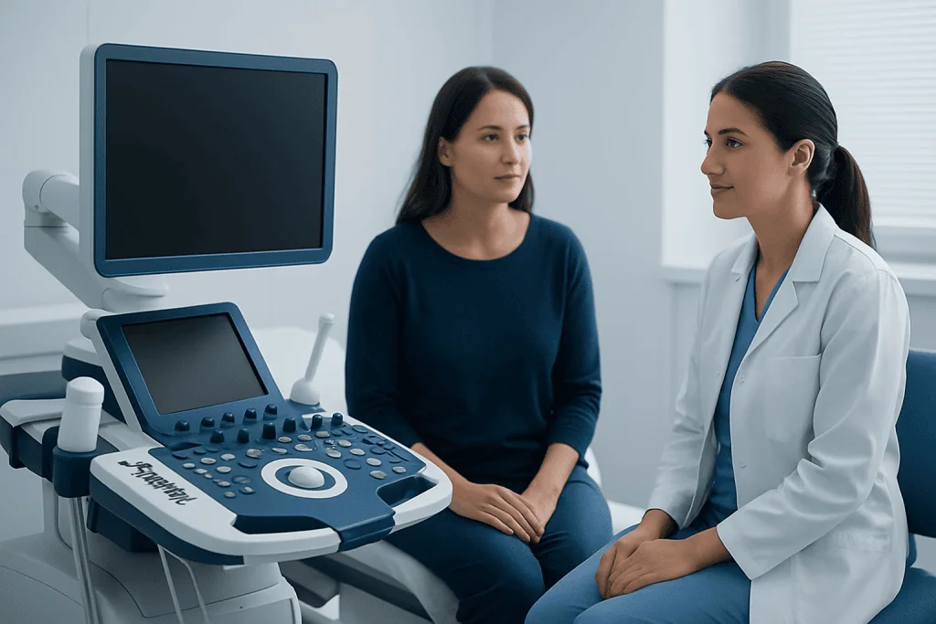 Doctor consulting with patient during ultrasound examination at hospital.