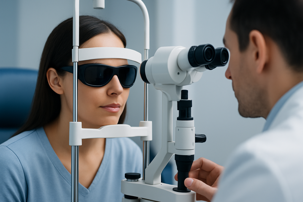 Optometrist examines patient's eyes with specialized equipment at Acibadem Hospital.