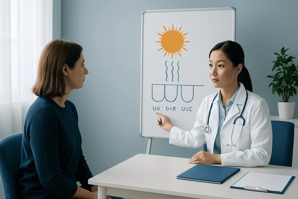 Doctor explaining UV radiation effects to patient in a consultation room.