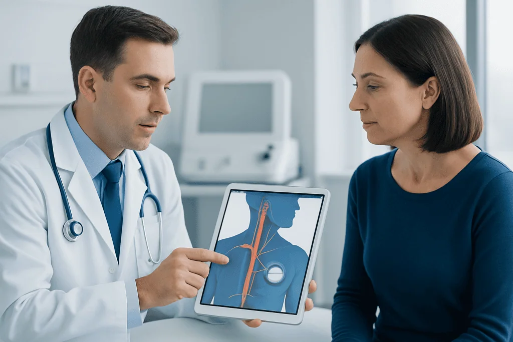Doctor explains vagus nerve stimulation to patient using digital diagram.