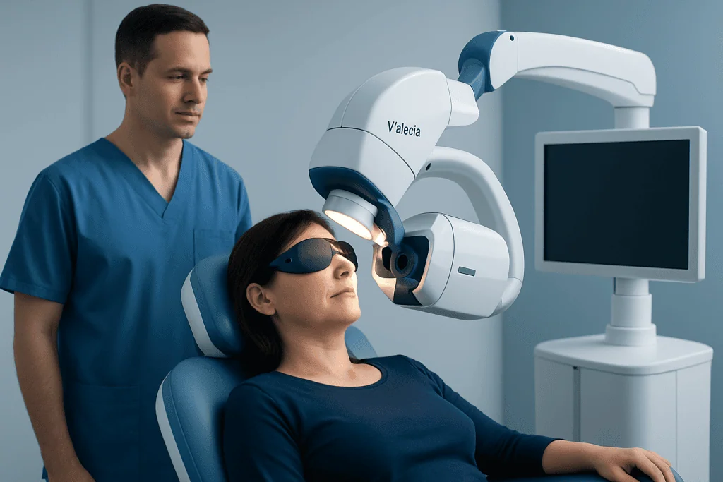 Patient undergoing light therapy treatment with advanced medical equipment.