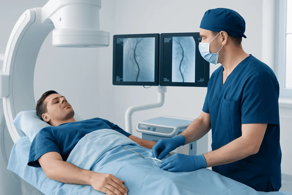 Urologist preparing for varicocele treatment in a modern hospital setting.