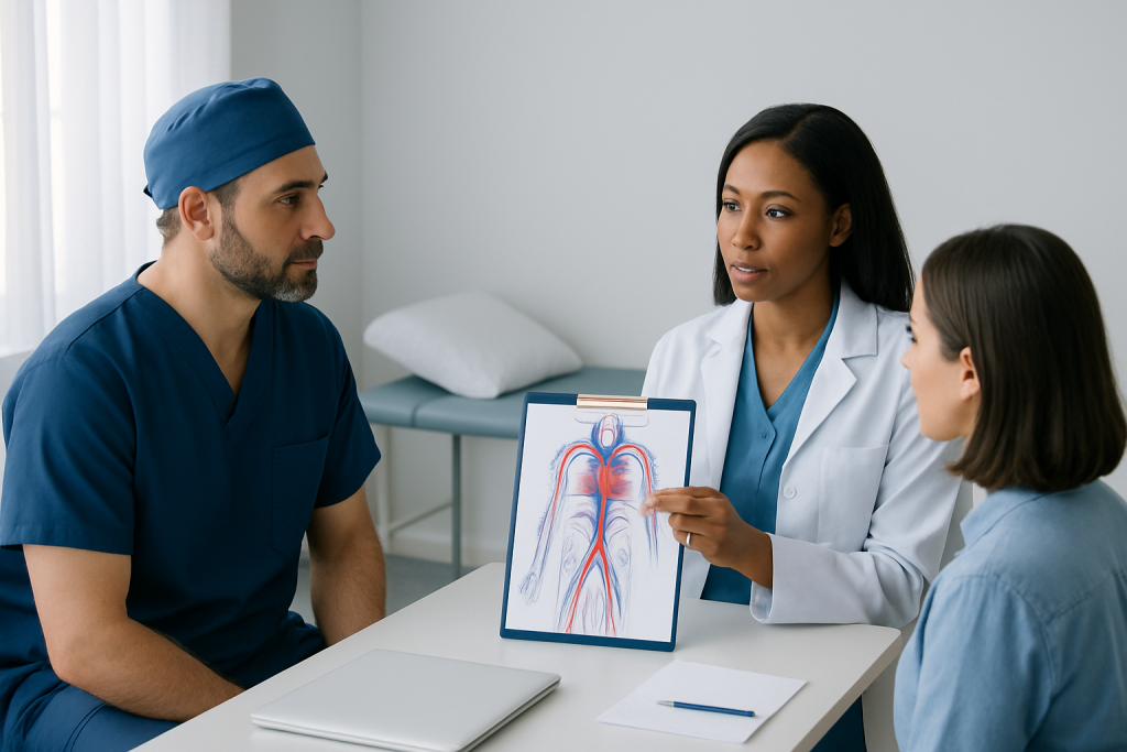 Doctor explaining vascular health to a patient with an anatomical diagram.
