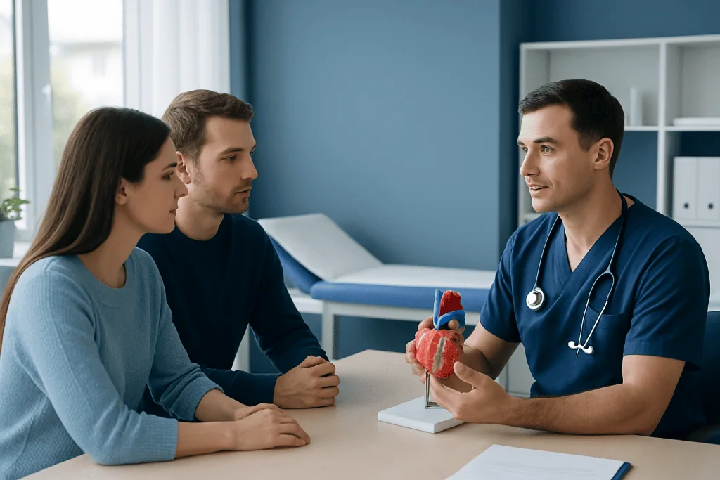 Doctor explaining vascular anatomy to patients in a consultation room.