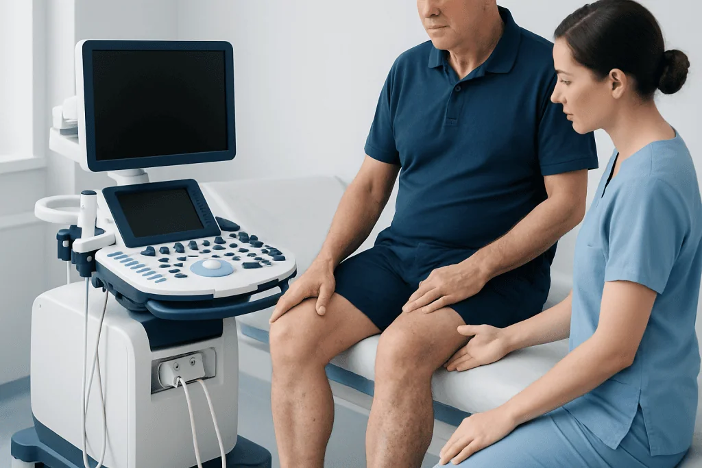 Medical professional performing an ultrasound on a patient's leg.