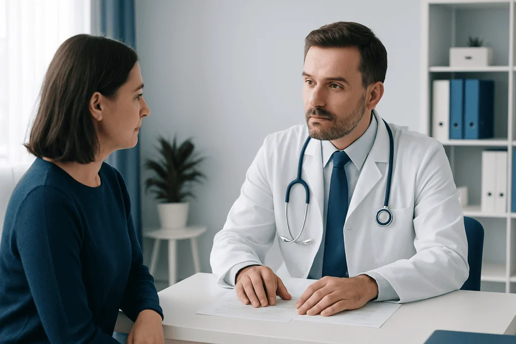Doctor consulting with a female patient in a modern clinic setting.