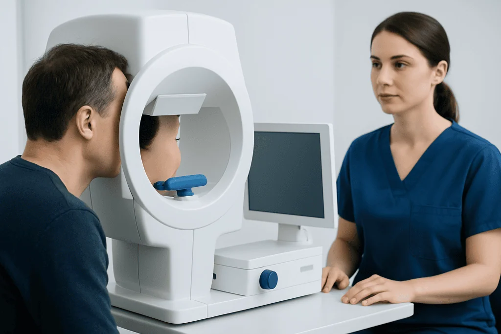 Patient undergoing eye examination with advanced diagnostic equipment at Acibadem Hospital.