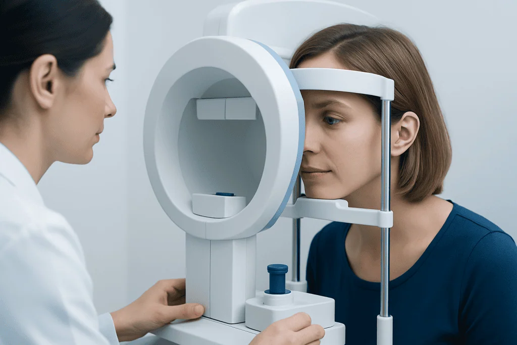 Patient undergoing visual field screening at Acibadem Hospital.