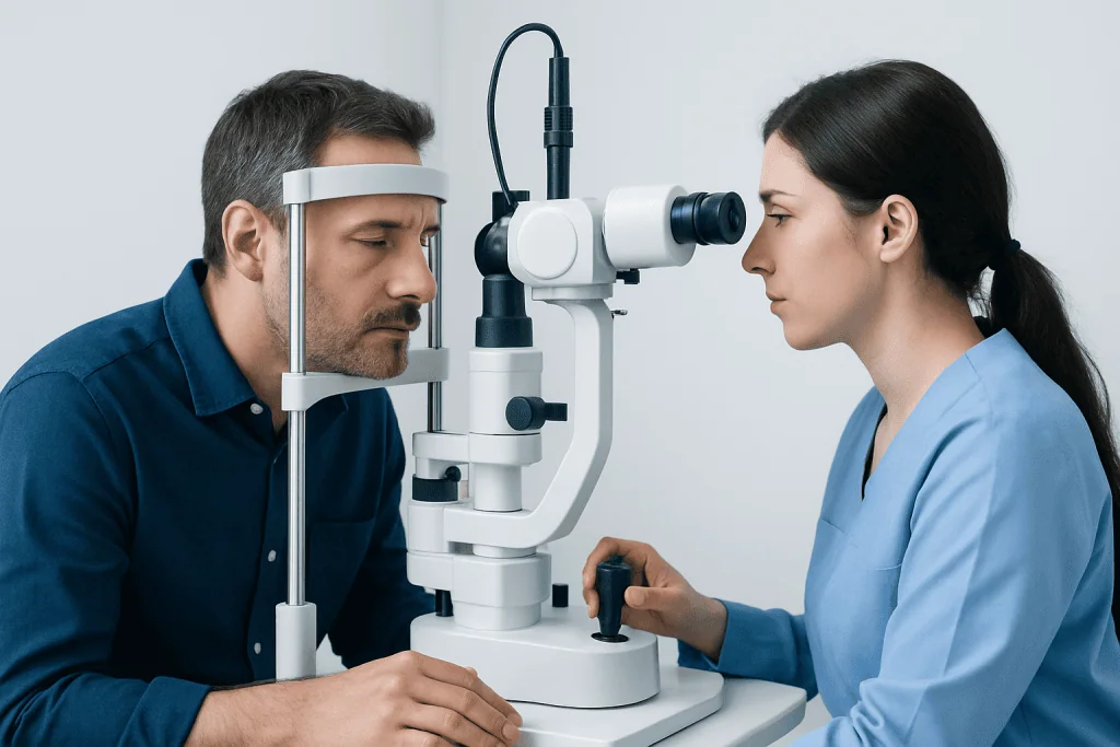 Optometrist performs eye examination using slit lamp microscope at Acibadem Hospital.