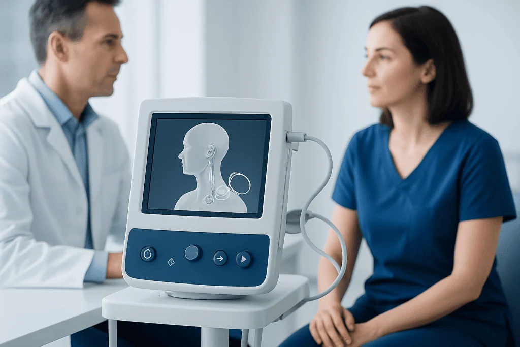 Medical consultation with a focus on VNS therapy device and patient care.