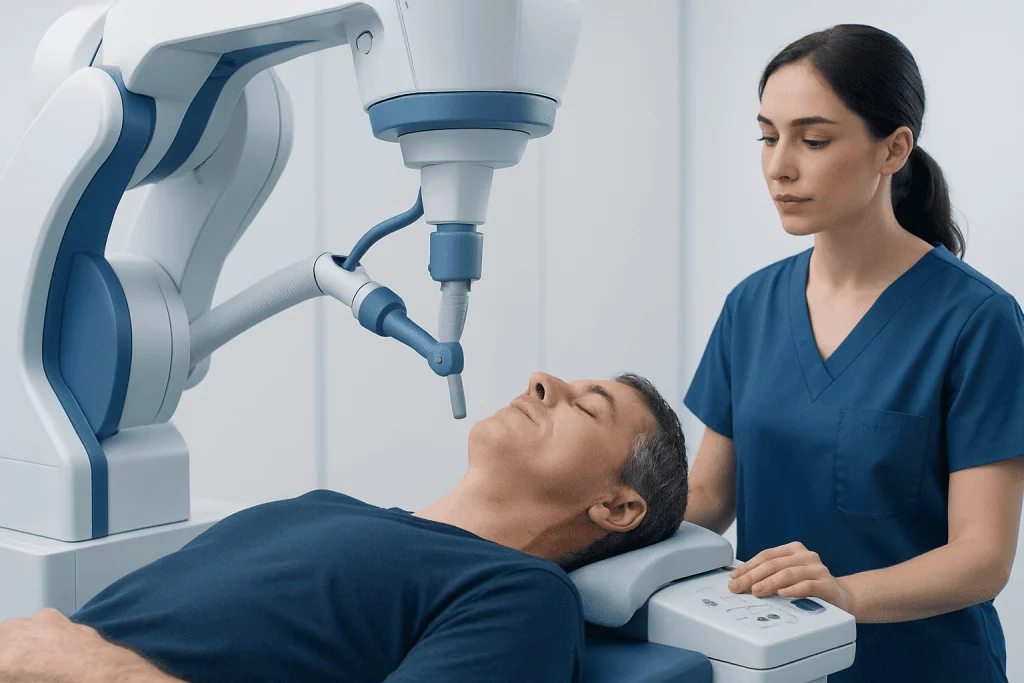 Medical professional performing voice cancer therapy with advanced equipment.