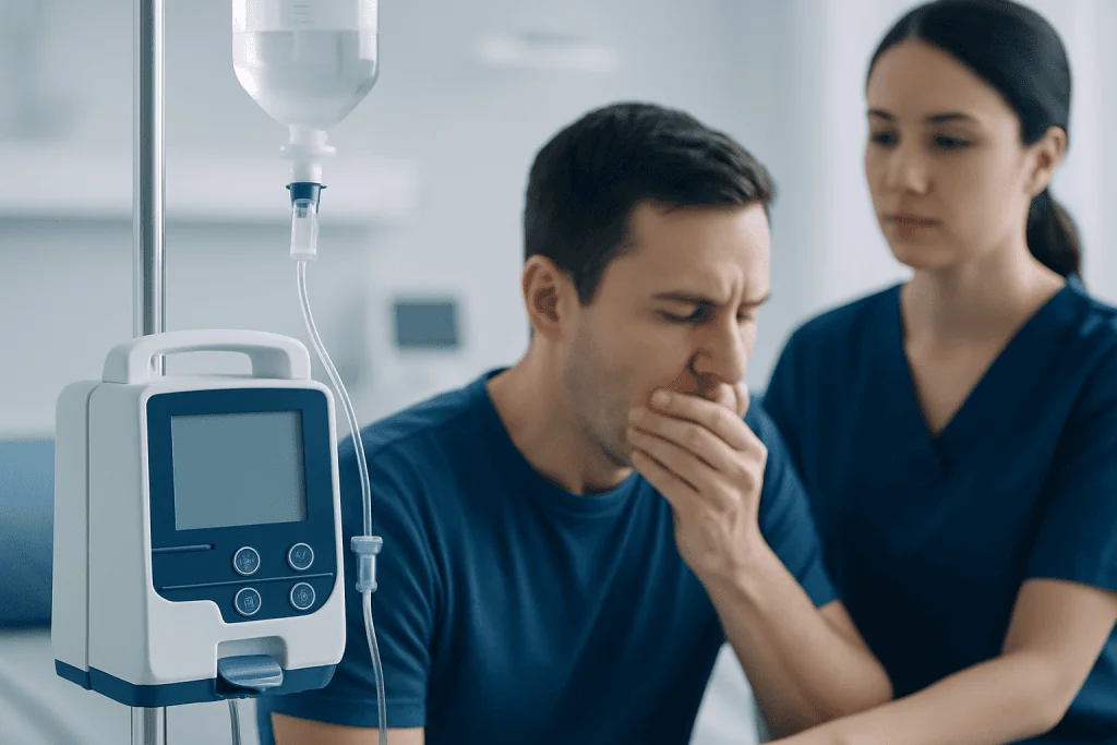 Patient experiencing nausea during vomiting therapy at a hospital.