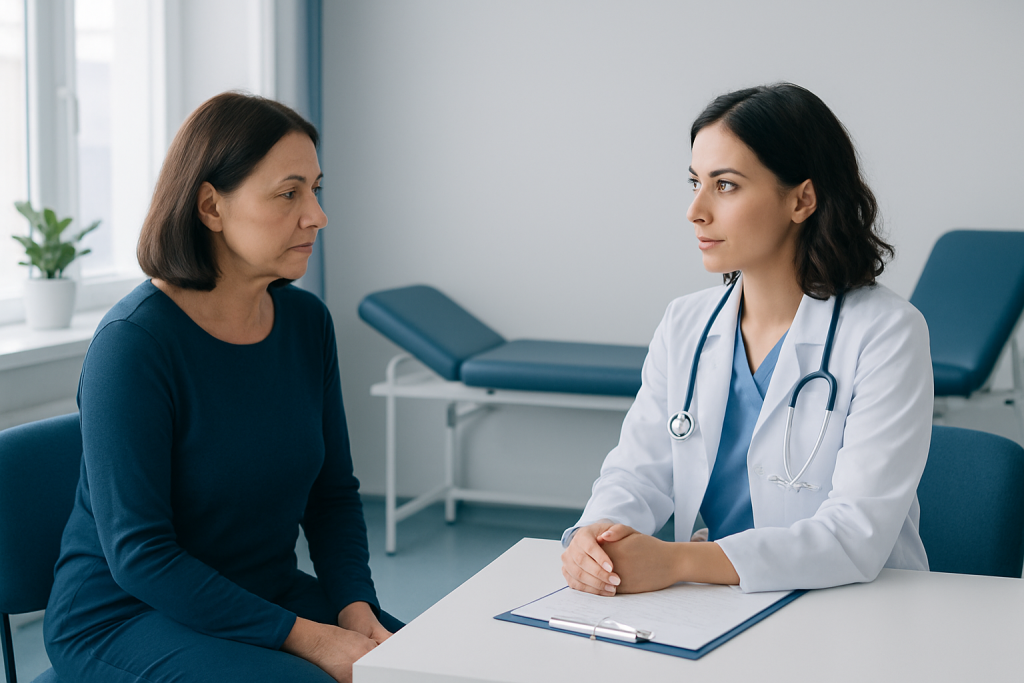 Doctor consulting with a patient in a medical examination room.