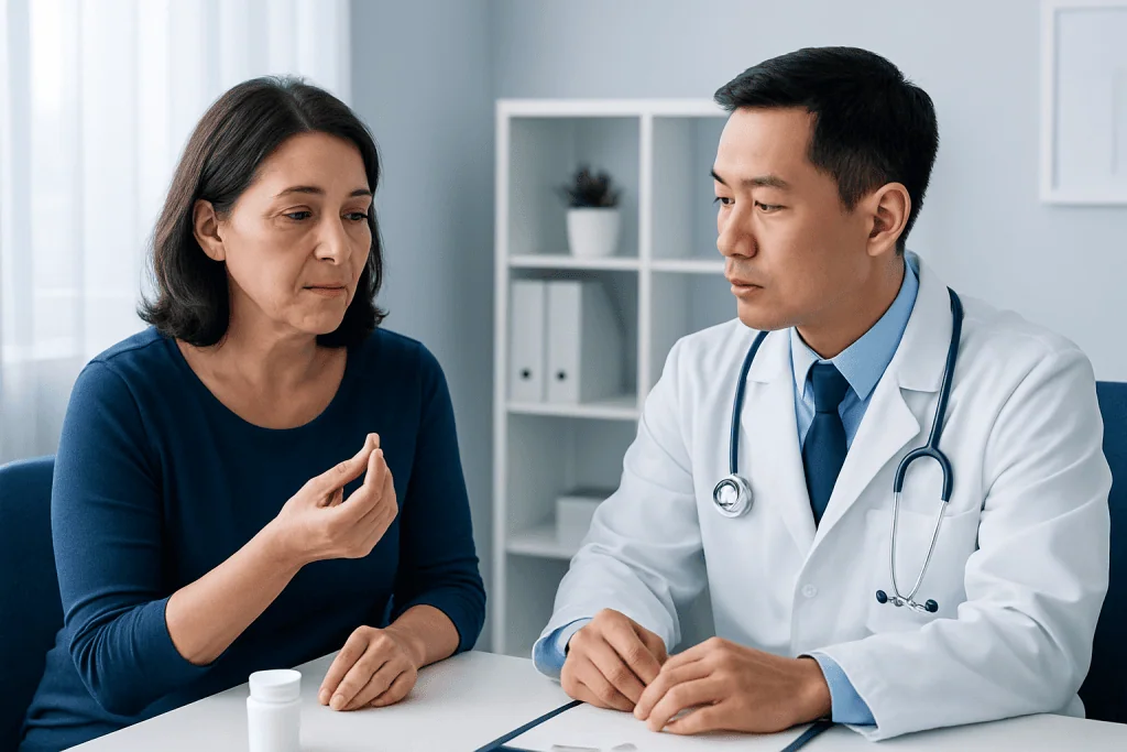 Doctor consulting with a middle-aged female patient in a medical office.