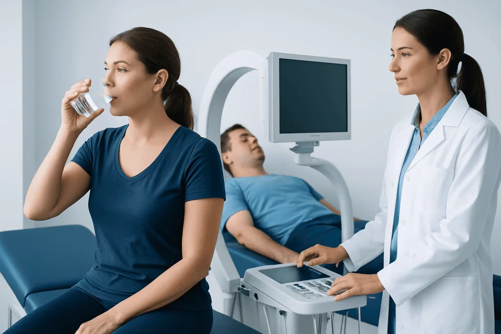 Woman drinking water during a medical examination at Acibadem Hospital.