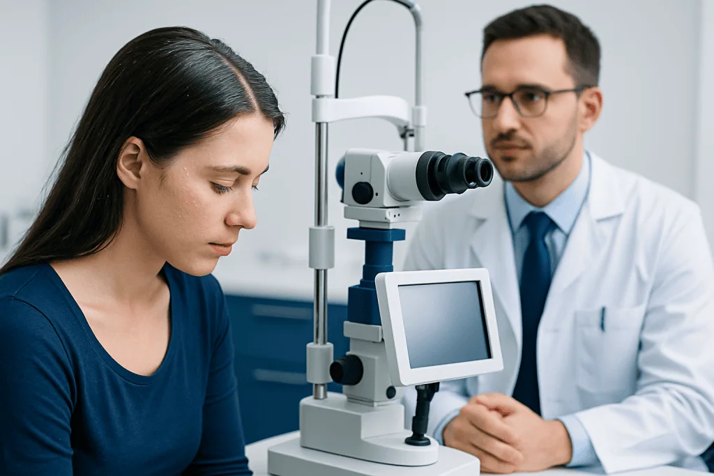 Optometrist examining a patient's eye with a slit lamp in a clinic.