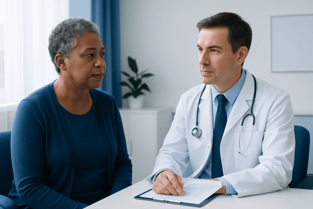 Doctor consulting with an elderly female patient in a medical office.