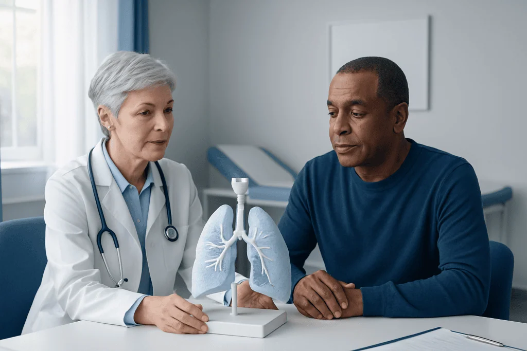 Doctor explaining lung model to patient in a medical consultation.