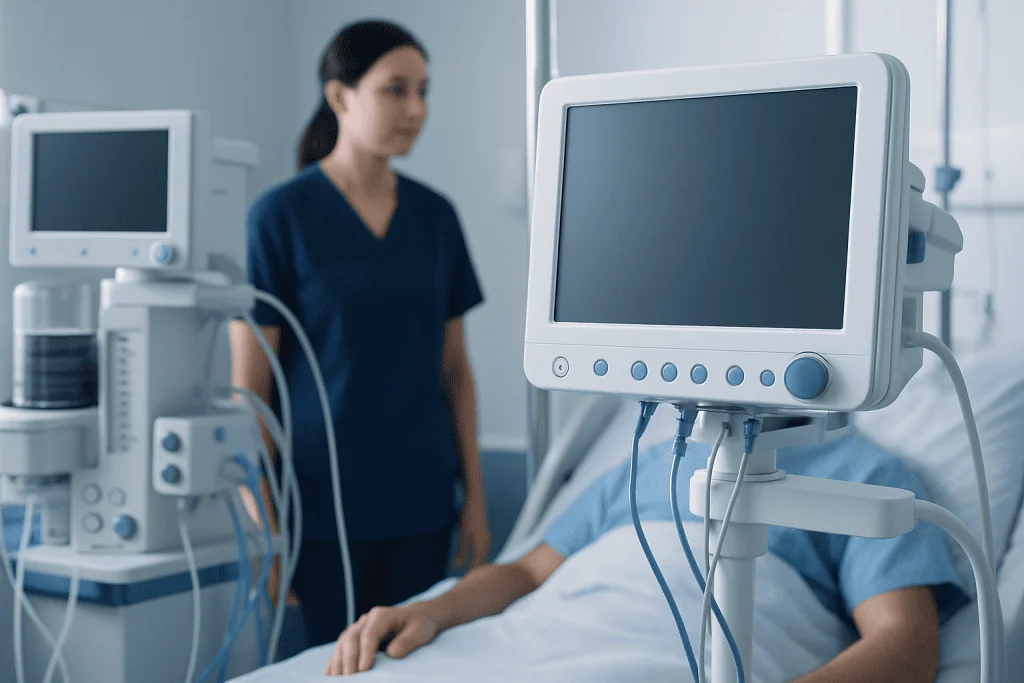 Medical staff monitoring patient with advanced hospital equipment.