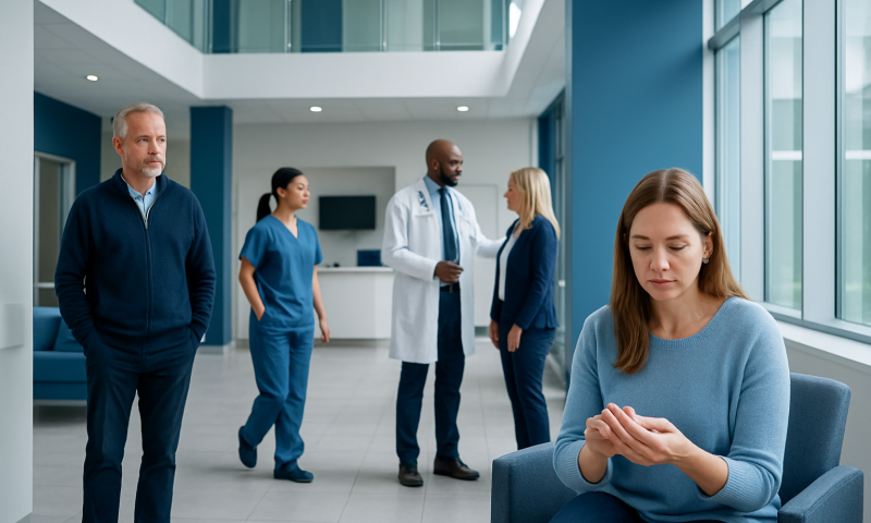 Patient waiting in hospital corridor with medical staff in background.