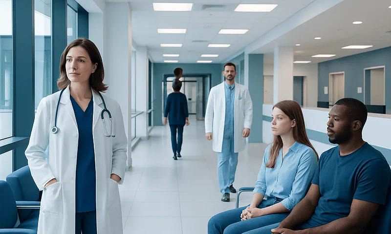 Medical professionals and patients in a modern hospital corridor.