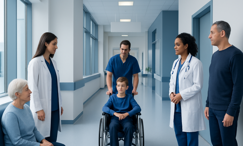Hospital staff and patient family in a medical corridor with a child in a wheelchair.