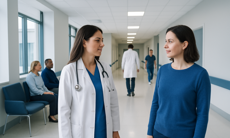 Doctor and patient having a conversation in hospital corridor.