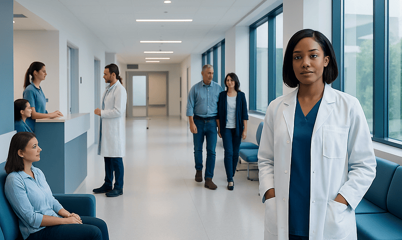 Medical professionals and patients in a modern hospital corridor.