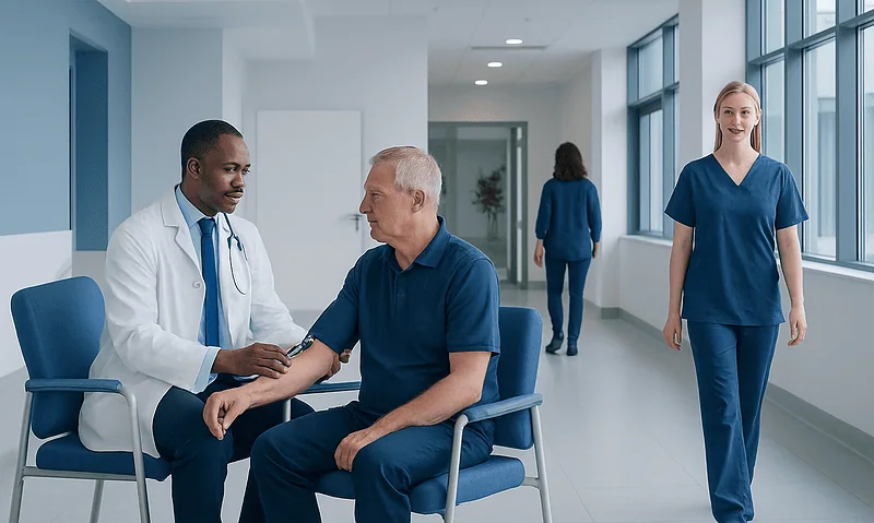 Doctor examining a patient in a hospital corridor with nurses nearby.