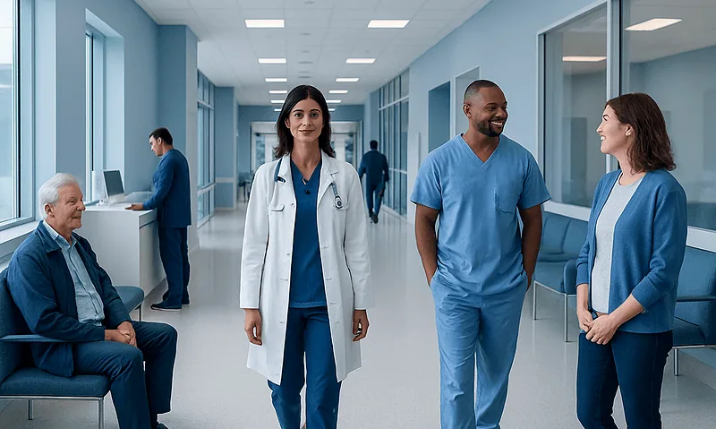 Healthcare professionals and patient in a modern hospital corridor.