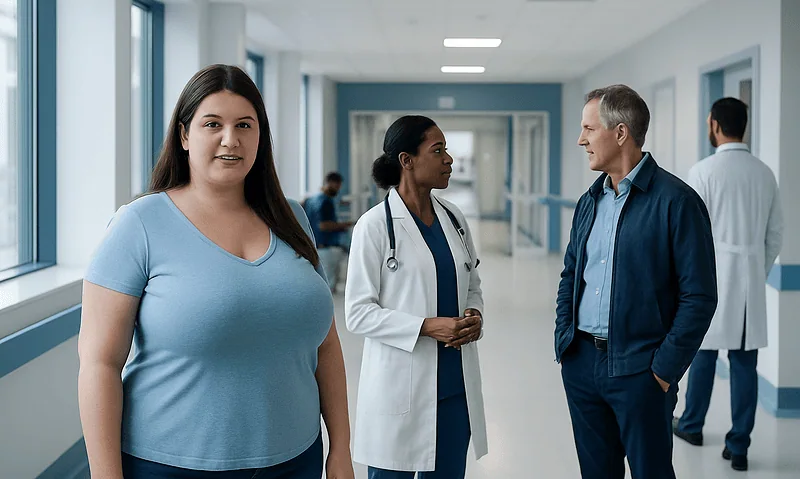 Patient and doctors in hospital corridor discussing health care.