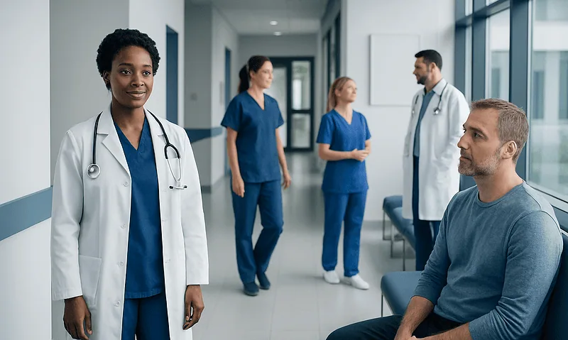 Healthcare professionals and a patient in a hospital corridor.